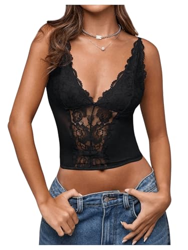 SHENHE Women's Mesh Lace Bustier Corset Top Deep V Neck Spaghetti Strap Fitted Crop Cami Tank