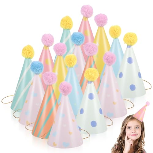 DIYEAH 14 cappelli di carta per compleanno per bambini - cappelli da festa a cono con pompon - cappellino per compleanno per bambini, copricapo per feste di piccoli, accessori per photo booth