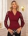 Womens Elegant Blouse Ruched Tops Wrap V Neck Shirt Long Sleeve Lace Dressy Casual Office Top Burgundy XL