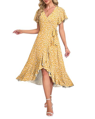 AUSELILY Women Summer Midi Dresses Wrap Short Flutter Sleeve V Neck Boho Slit Flowy Ruffle Dress Wedding Guest Dresses Yellow Floral