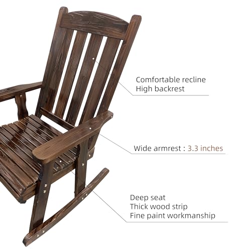 Wooden Rocking Chair with Comfortable Backrest Inclination, High Backrest and Deep Contoured Seat, Solid Fir Wood, Heavy Duty 600 LBS, for Both Outdoor and Indoor, Porch and Patio (Dark)