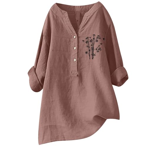 Camisetas de lino mujer con manga 3/4 y cuello en V de corte holgado