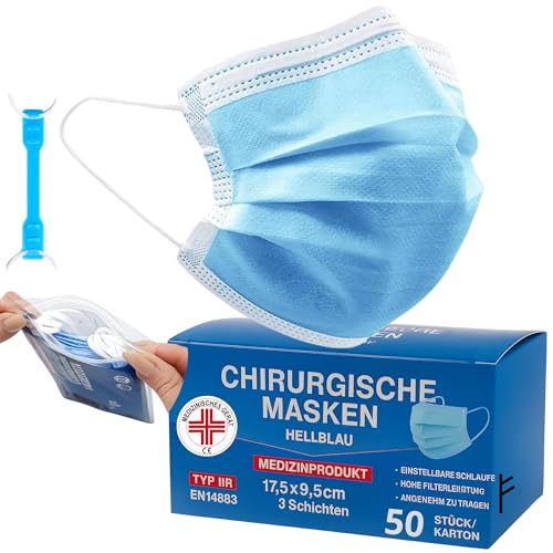 S&S-Medical 50 Stück Medizinische OP Masken Typ IIR EN14683 zertifiziert – 3-lagige chirurgische Einwegmasken, CE-zugelassenes Medizinprodukt, BFE ≥ 98%, atmungsaktive Mundschutzmasken | Hellblau