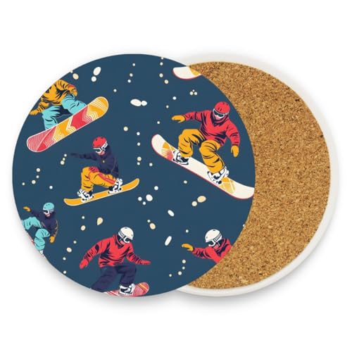 Snowboarding Pattern Drink Coasters Set with Cork Base