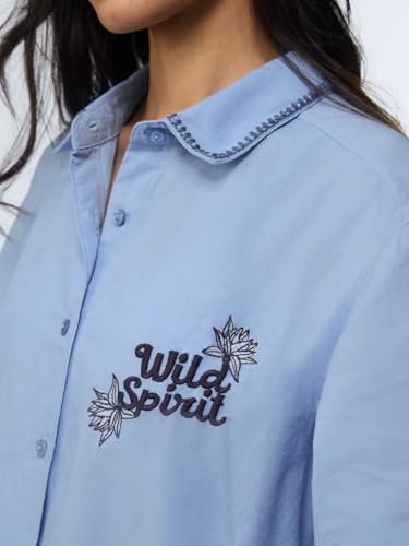 Image of The Souled Store Cotton Linen: Wild Spirit Women and Girls Long Sleeves Collared Neck Button Front Blue Embroidered Lightweight Summer-Ready Cotton Linen Shirt for Casual Streetwear