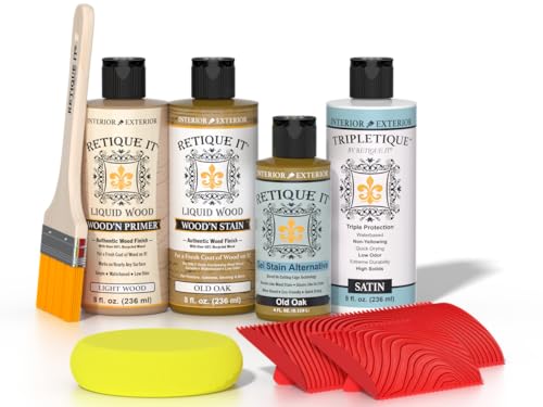 Retique It Wood Finish Tabletop Kit  GO Beyond Faux Wood with Paintable Liquid Wood Based Primer and Gel Stain - Graining Tools Included (Tabletop Kit, Old Oak)