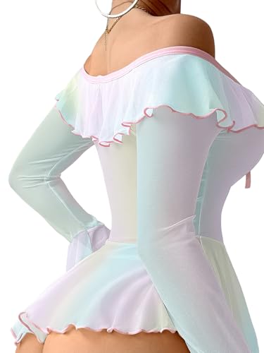 Image of Foxiny Sheer Ruffle Long Sleeve Babydoll Lingerie Dress | Off-shoulder neckline, flared cuffs and a flounce hem add movement; thong and thigh-high stockings complete the 3-piece set