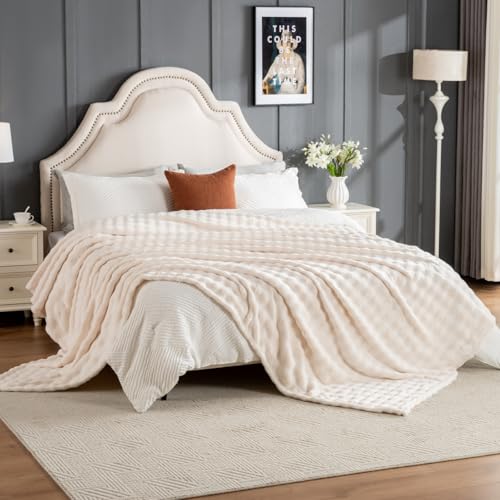 Faux Fur Bed Blankets Queen Size Off White, Soft Fluffy Bubble Blanket for Couch Sofa, Thick Warm Plush Fuzzy Rabbit Fur Large Blanket for All Season Use, 90