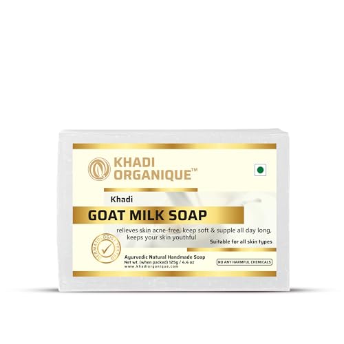Image of Khadi Organique Handmade Natural Goat Milk Soap Bar with Castor, Almond & Rice Bran Oils | Deep Moisturizing, Hydrating & Nourishing Formula | For Men & Women | 125g Each (Pack of 3)