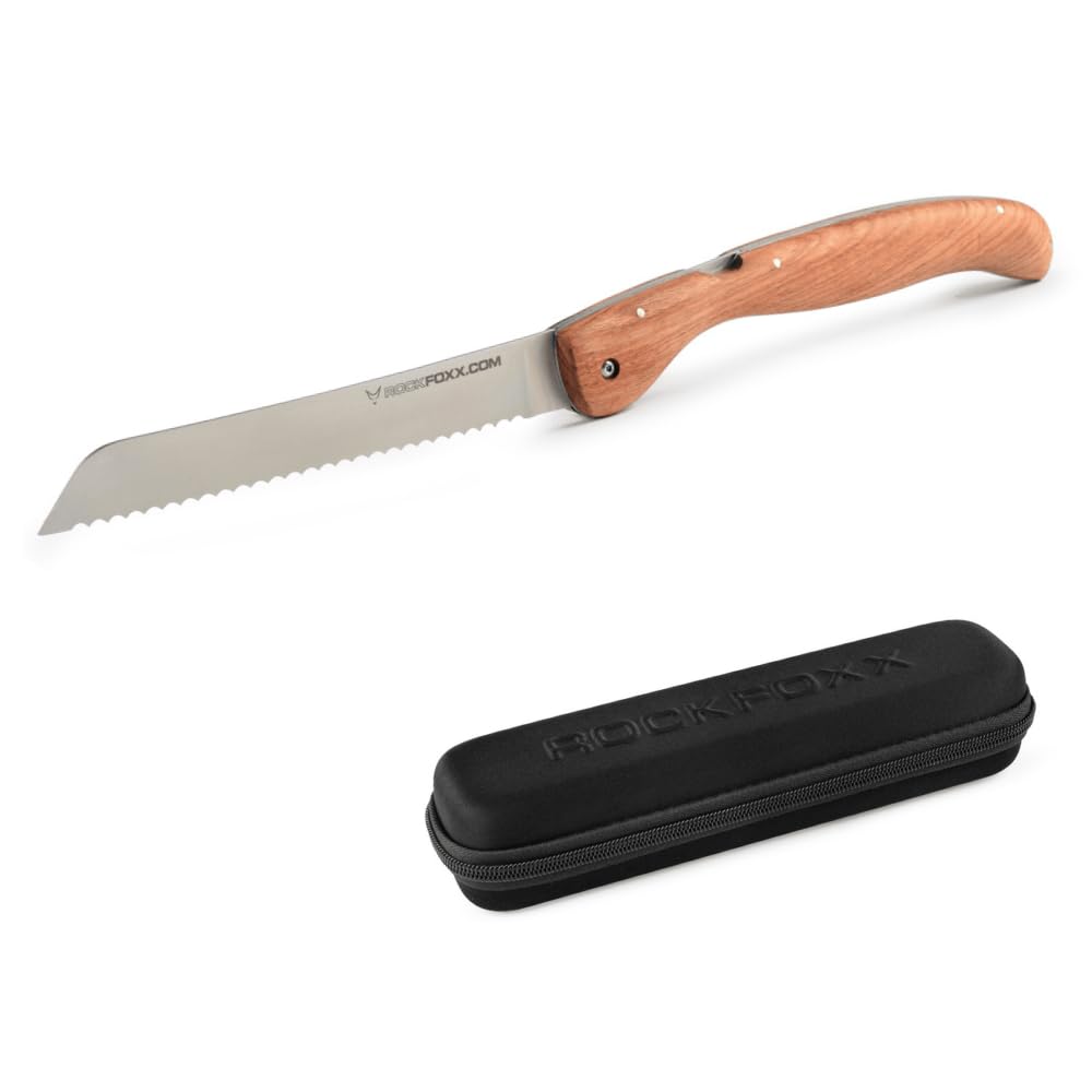 FOXXKNIFE - klappbares Brotmesser – Griff Padaukholz ohne Lasergravur, Hardbox
