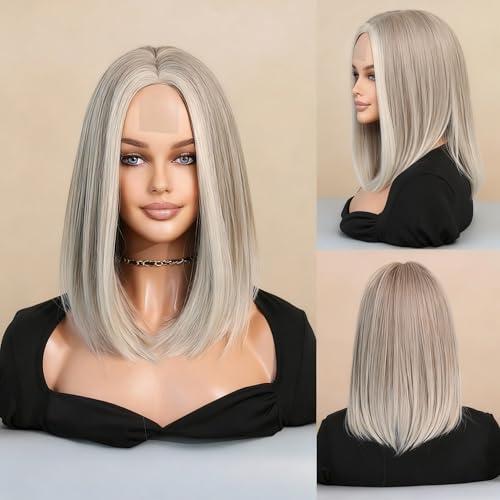 14-Inch Short Bob Synthetic Fiber Wigs for Women, Lace Front