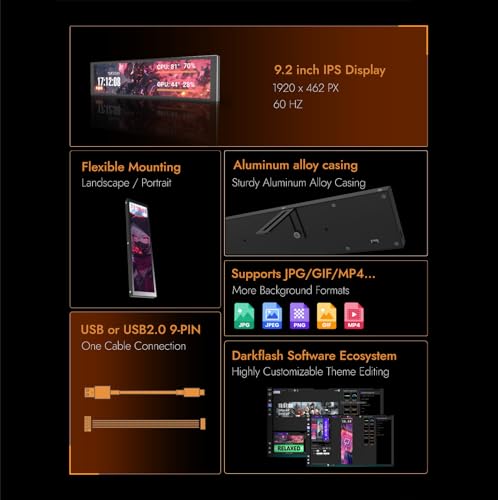 Image of darkFlash V92 9.2 inch PC Case Screen, 1920x462 IPS Sensor Panel Monitor,Black | 1920x462 AIDA64 CPU /GPU temp display, no HDMI needed, USB-C /internal 9-pin, aluminum body for gaming PC builds