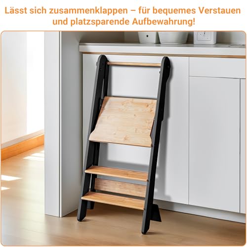 COSYLAND Lernturm ab 1 Jahr – Learning Tower 2-Fach höhenverstellbar & klappbar – Lernstuhl in Schwarz/Natur für Kinder – Montessori Stehturm aus Bambus – sicherer Tritthocker mit Kippschutz