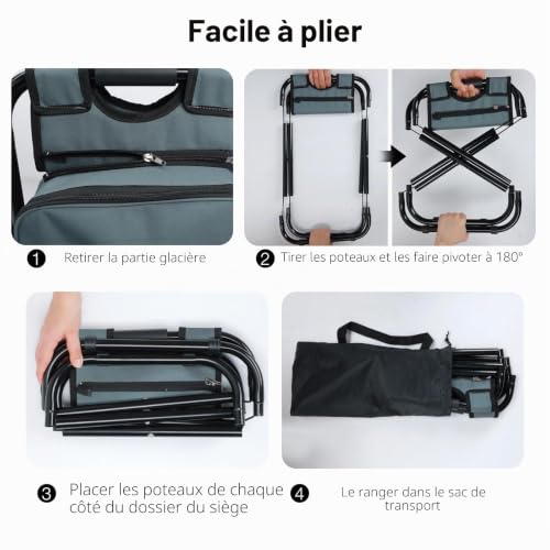 Outplea 40CM Tabouret Pliable Camping avec Poche de Glacière Amovible, Siege de Peche avec Sac à Dos, Compact et Fonctionnel, Chaise Pliante pour Chasse Pique-Nique, Gris – vue 4