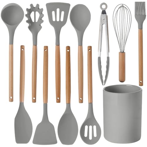 Lot de 12 ustensiles de cuisine en silicone avec manche en bois, résistants à la chaleur et antiadhésifs, pinces, spatules et cuillères avec seau de rangement pour...