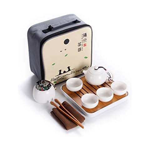 Hoobar Ceramic Kungfu Tea Set,Portable Travel Tea Set with Teapot,Teacups,Tea Canister,Tea Tray and Travel Bag,Suitable for Travel, Home,Outdoor and Office (White) Cover