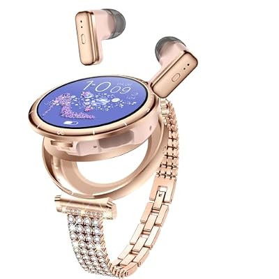 UYRGT Smart Watch with Earbuds for Women, 1.43” AMOLED Display, Bluetooth Calling, Crystal Bling Band, Heart Rate Monitor, Sleep Tracking, Fitness Tracker, Compatible with Android & iPhone