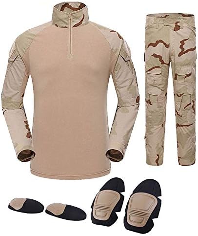 Outdoor Sports Airsoft Gear Jungle Hunting Clothes Woodland Shooting Shirt Pants Set Battle Dress Uniform BDU Set Tactical Combat Camouflage Clothing with Kneepad Elbow Pads - 3 Color Desert - M