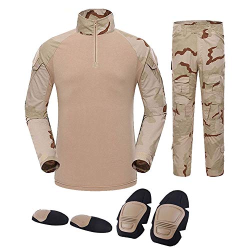 Outdoor Sports Airsoft Gear Jungle Hunting Clothes Woodland Shooting Shirt Pants Set Battle Dress Uniform Bdu Set Tactical Combat Camouflage Clothing With Kneepad Elbow Pads - 3 Color Desert - M #TOP21