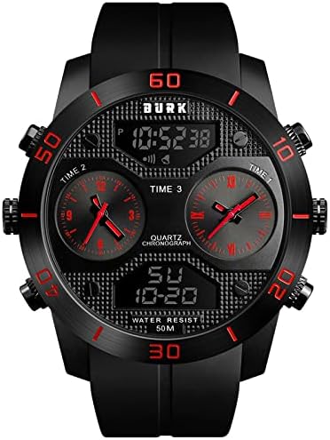 BURK 1355RD Men's Watches Quartz Wrist Watch Sport Men Digital Analog Display Waterproof Chrono Military