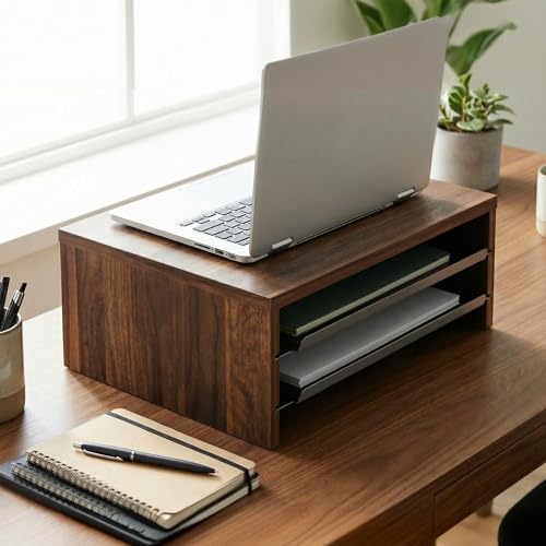 Image of Fenge 42.5Inch Corner Monitor Stand with Drawer, 3-Tier Monitor Riser with Slide-Out Tray