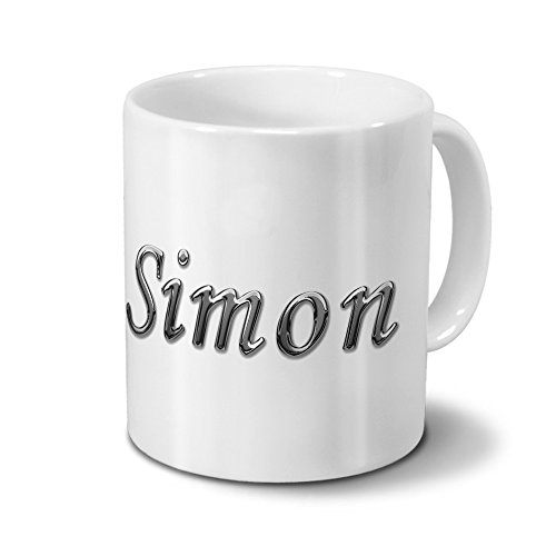 printplanet Tasse mit Namen Simon - Motiv Chrom-Schriftzug - Namenstasse, Kaffeebecher, Mug, Becher, Kaffeetasse - Farbe Weiß