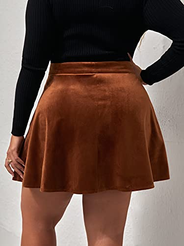 Romwe Women's Plus Size Velvet Button Front Flared A Line Skater Short Skirt Rust Brown 2Xl #TOP1