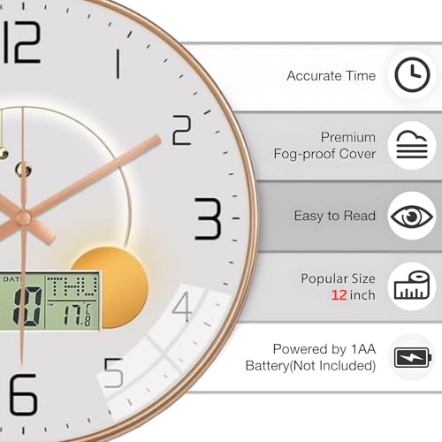 Image of Ash & Roh 12 Inch Silent Quatrz and Non-Ticking Wall Clock with Easy to Read Number and Analog Display Stylish & Decorative Design for Office, Living Room, Bedroom (Pearl Digital)