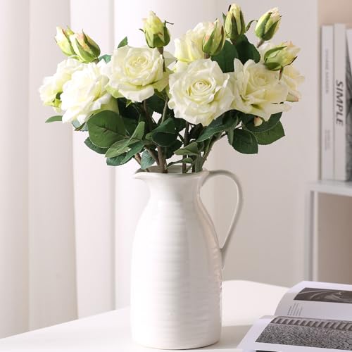 Hjn Farmhouse Pitcher Vase For Flowers- Ceramic Pitcher Vase White Flower Vase For Your Kitchen/Home Decor/Office/Living Room/Bookshelf/Mantel/-White thumb #5