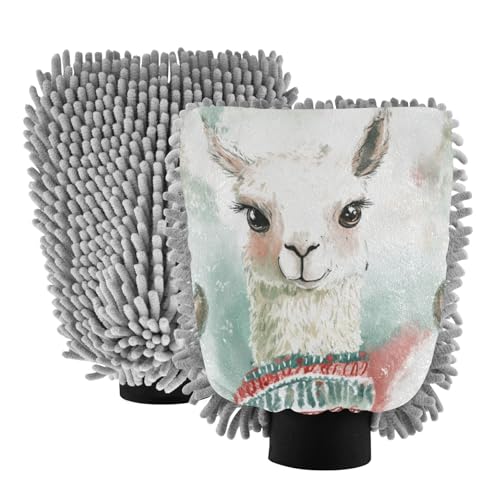 ALAZA Cute Llama Boho Alpaca Car Wash Mitt Scratch Free, 2 Pack Absorbent Microfiber/Chenille Washing & Drying Mitts, M