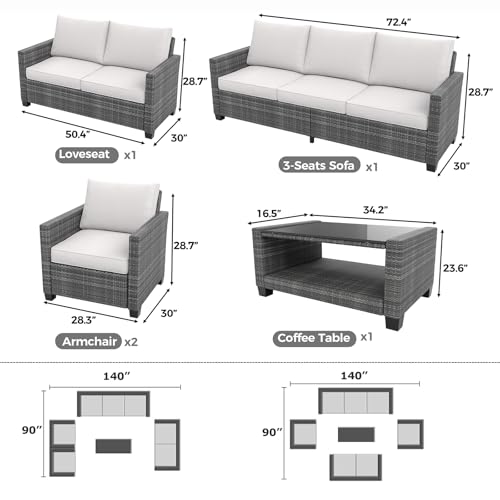 Patio Furniture Set 5 Pieces, 7-Seat PE Rattan Wicker Outdoor Sectional Patio Conversation Set with Waterproof Cusions and Coffee Table, Grey and Grey