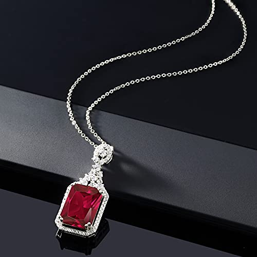 Gem Stone King 925 Sterling Silver Red Created Ruby Pendant Necklace For Women (5.60 Cttw, Emerald Cut 14X10Mm, With 18 Inch Silver Chain) #TOP3