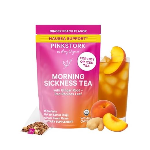 Pink Stork Morning Sickness Tea: Ginger Peach + USDA Organic + Nausea Relief + Supports Digestion & Hydration, Women-Owned, 30 Cups