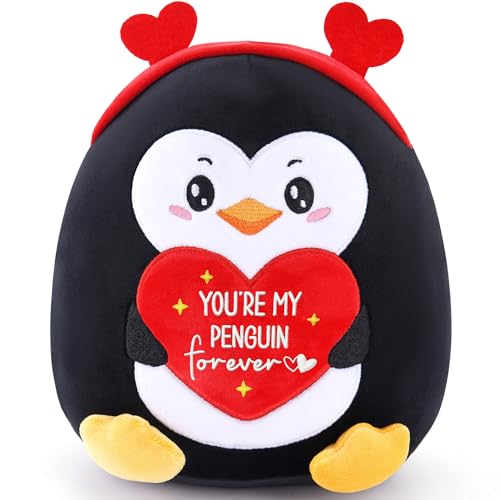 GalaVee Valentines Penguin Plush Toy, Cute Stuffed Animal with “I Love My Penguin” Heart Pillow, Soft and Cuddly, Valentine's Day Gifts for Him Her Lovers, Friends, and Family