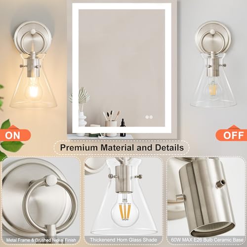 Image of Wall Sconces 2 Pack Vanity Light Fixture for Bathroom Nickel | Wall Mount Lighting Lamp, Farmhouse Wall Lights 6'' Clear Glass, Hardwired for Mirror