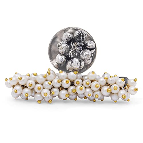 I Jewels Silver Oxidised Indian Wedding Bollywood Ethnic Adjustable Brass Finger Ring Embellished With ghungroo and pearl