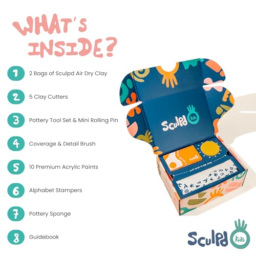 Image of Sculpd - The Original Kids Pottery Kit, Air-Dry Clay Starter Kit for Kids Age 4 to 6, Air Dry Clay with 10 Colour Paint Set, Paintbrushes, Tool Set, Alphabet Stampers, Sponge and Step-by-Step Guide