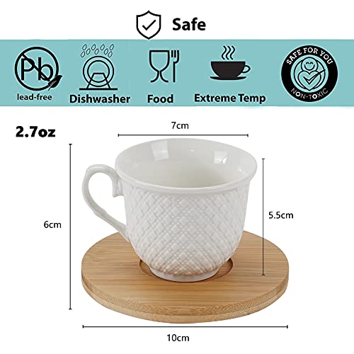 TRSPCWR Espresso Cup with Saucers Set 6, Porcelain Turkish Cup Ceramic Tea Cups, Wave Point Cup Finish, White 2.7oz