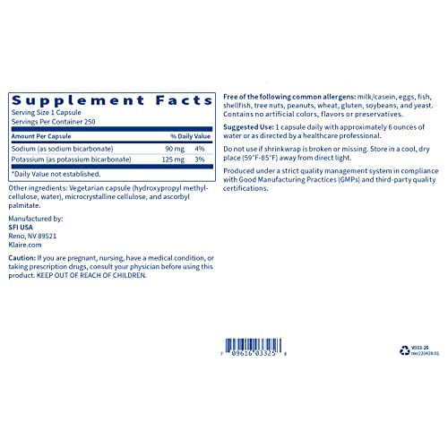 Klaire Labs Sodium Bicarbonate & Potassium Bicarbonate Supplement - Key Components That Help Maintain Healthy Ph (Acid/Base) Balance - Gastrointestinal Support - Bi-Carb Formula (250 Capsules) #TOP1