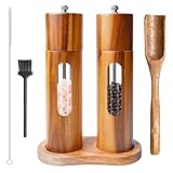 Juego de 2 molinillos de sal y pimienta de madera, molinillo de pimienta manual, mecanismo de cerámica, molinillo de especias, sal para especias, pimienta, sal, 21,5 cm (posavasos + cuchara de llenado
