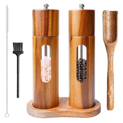 Juego de 2 molinillos de sal y pimienta de madera, molinillo de pimienta manual, mecanismo de cerámica, molinillo de especias, sal para especias, pimienta, sal, 21,5 cm (posavasos + cuchara de llenado