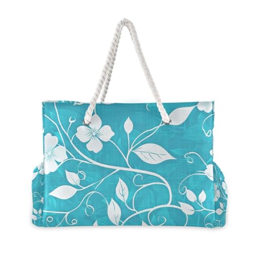 Flowers Blue Weekender Bag Women Waterproof Sandproof with side pockets Large Tote For Women for Pool Gym Grocery Travel2