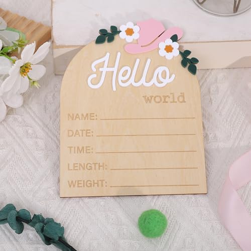 Image of Wooden inchHello World inch Baby Announcement Board - Newborn Birth Sign, Baby Shower Decor, Hospital Nursery Information Board, Baby Milestone Photo Prop, Gender Neutral Keepsake (Cowgirl Boot&Bow Western Cowbaby)