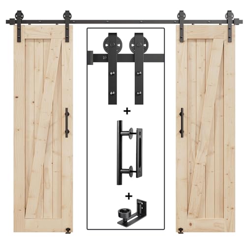 EaseLife 8FT Double Door Sliding Barn Door Hardware Track Kit & Handle Big Industrial Spoke Wheel Wall Mount Slide Smoothly Quietly Easy Install Black 96 Track Fit for 44-46 Wide Opening (No Door)
