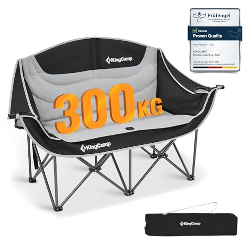 KingCamp Dubbel campingstol, fällbar, bekväm, vadderad, 2 sitsar, med mugghållare och armstöd, överdimensionerad fällbar trädgårdsstol för camping, picknick och fiske, svart/grå