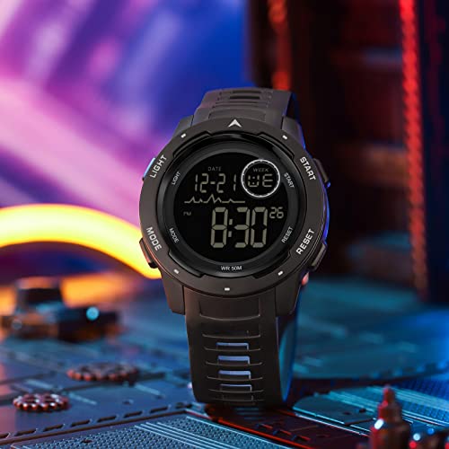findtime Red Mens Digital Sports Watch for Women, Reloj para Hombre Tactical Military 5ATM Waterproof Watches for Men with LED Back Ligh/Alarm/Date/12/24H Stopwatch Outdoor Unisex2