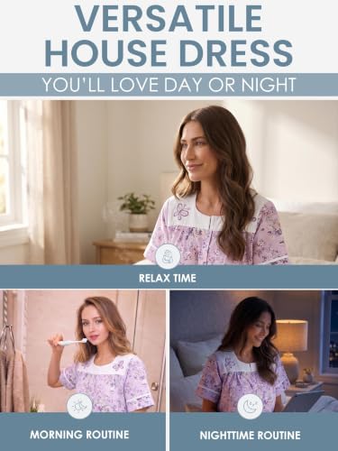 Image of Casual Nights Women's Snap - Front House Dress Short Sleeve Woven Housecoat Duster Lounger Robe with Pockets