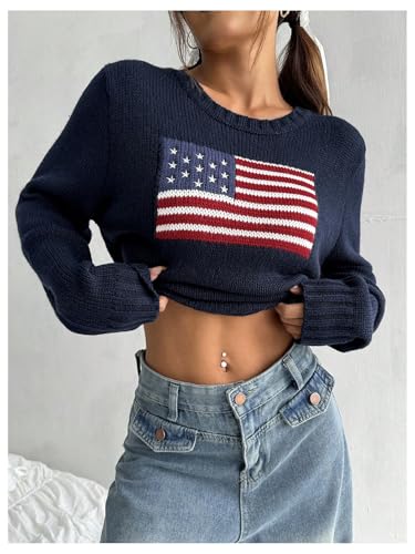 Image of SweatyRocks Women's Flag Pattern Long Sleeve Round Neck Sweater Casual Loose Pullover Sweater