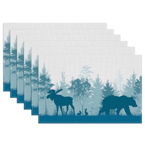 Misty Bear Deer Placemats Set of 6, Washable Heat Resistant Table Mat Forest Animal Linen Place Mats for Party Kitchen Dining Home Decor 12x18 Inch