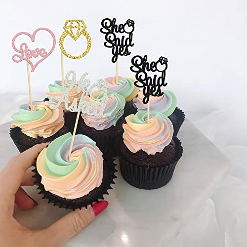 Gyufise 24 Pack Multicolor Glitter He Asked She Said Yes Cupcake Toppers Diamond Ring Heart Cake Picks For Wedding Engagement Party Table Decorations #TOP3